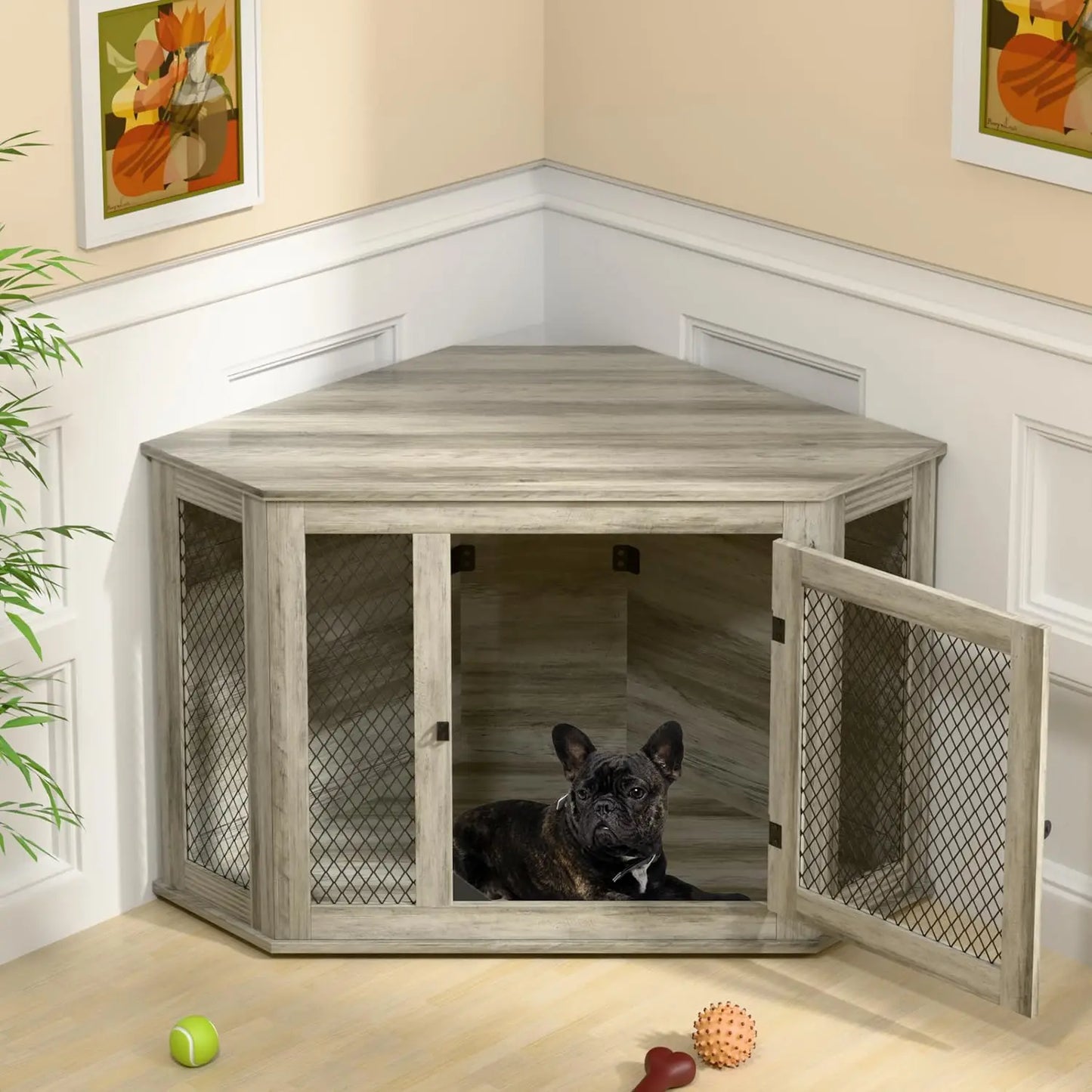 Coner Dog Crate Furniture, 52" Wooden Dog Kennel Furniture End Table with Mesh, Dog Kennel Indoor Furniture for Small Medium