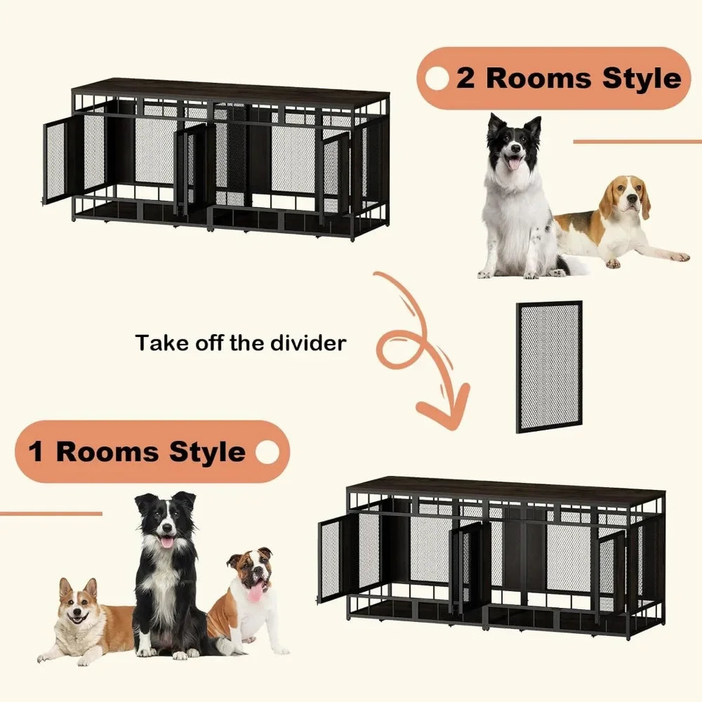 Furniture Dog Crate, 71" Heavy Duty Wood Dog Cage Kennel House Furniture with a Removable Divider, Indoor Dog Crate Table TV
