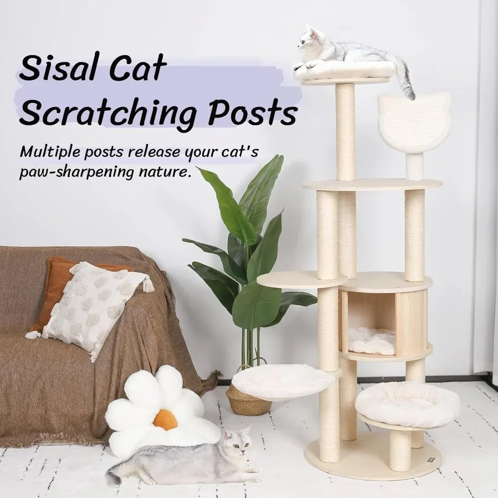 64" Tall Cat Tree - Wooden Cat Trees Tower with Cats Condo, Hammock & Top Perch, Modern Tall Cats Tree w/Natural Sisal Po