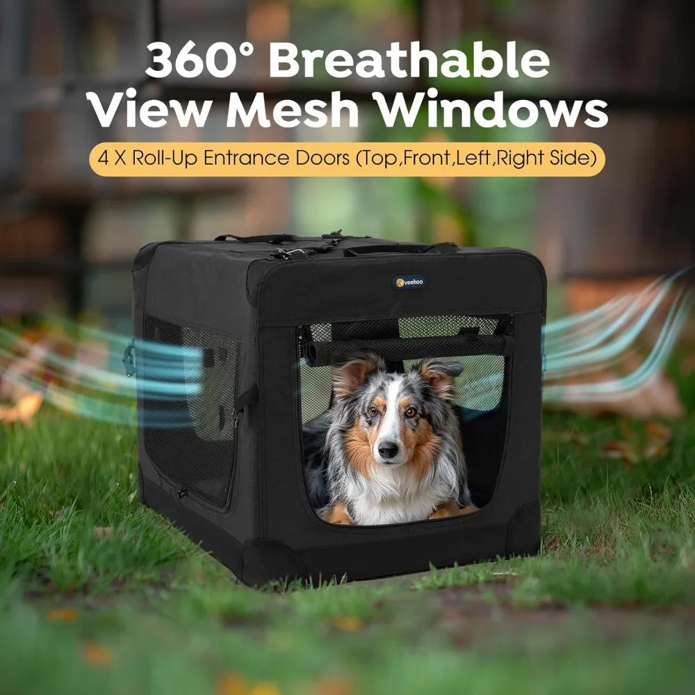 36 inch Folding Soft Dog Crate, 4-Door Portable Collapsible Pet Kennel Travel Dog Crate for Large Dogs, 5 x Durable Mesh Screen