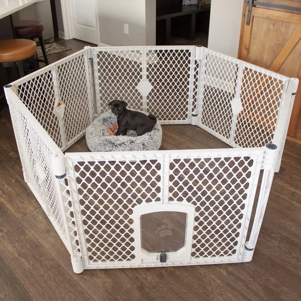6-Panel Gray Dog Cat Petyard Passage Yard Portable Freestanding Containment Area Swinging Door Weather-Resistant & Easy Travel
