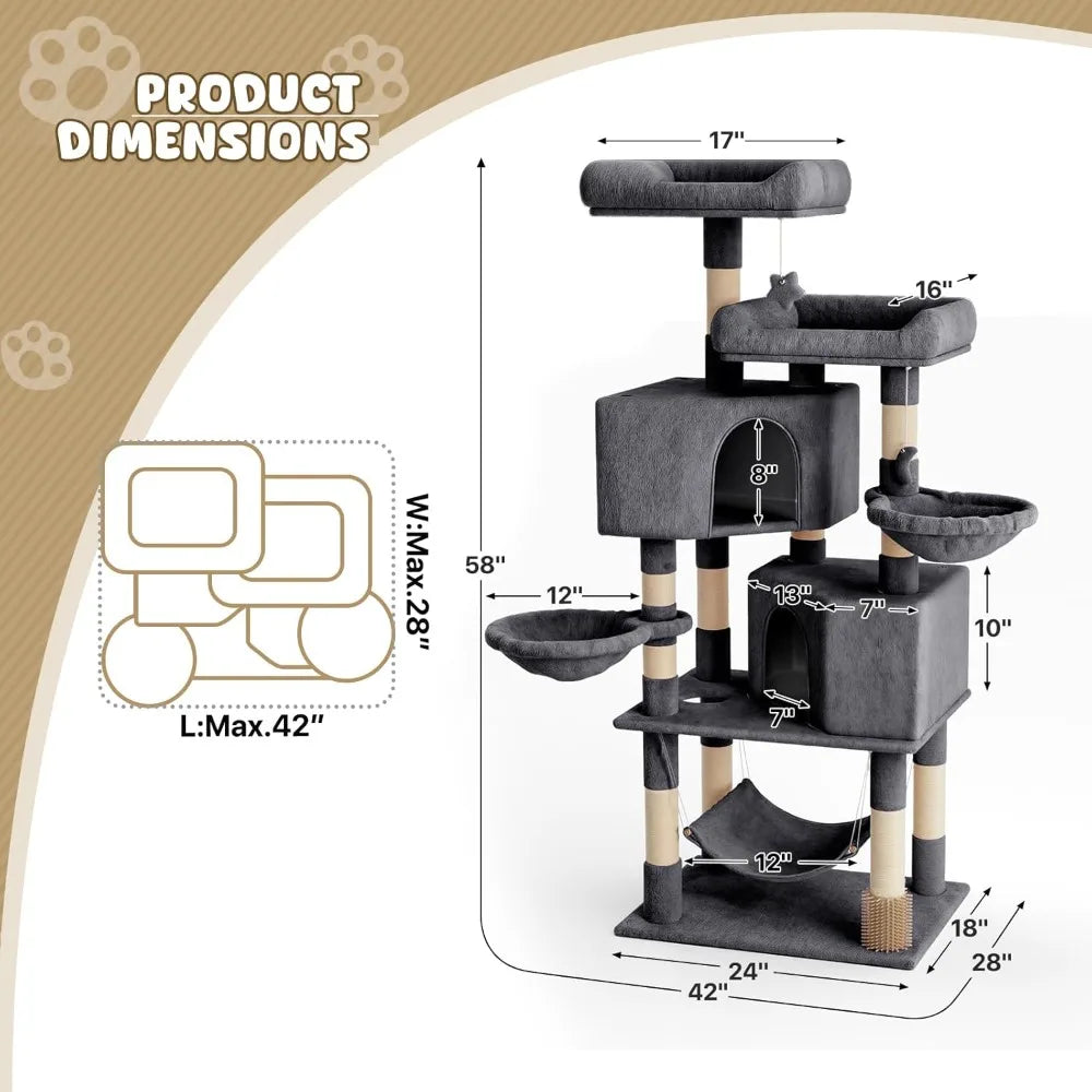Cat Tree Tower with Toy, Multi-Level Cat Condo with Scratching Posts, 2 Top Perches, Hammock, and Dangling Ball