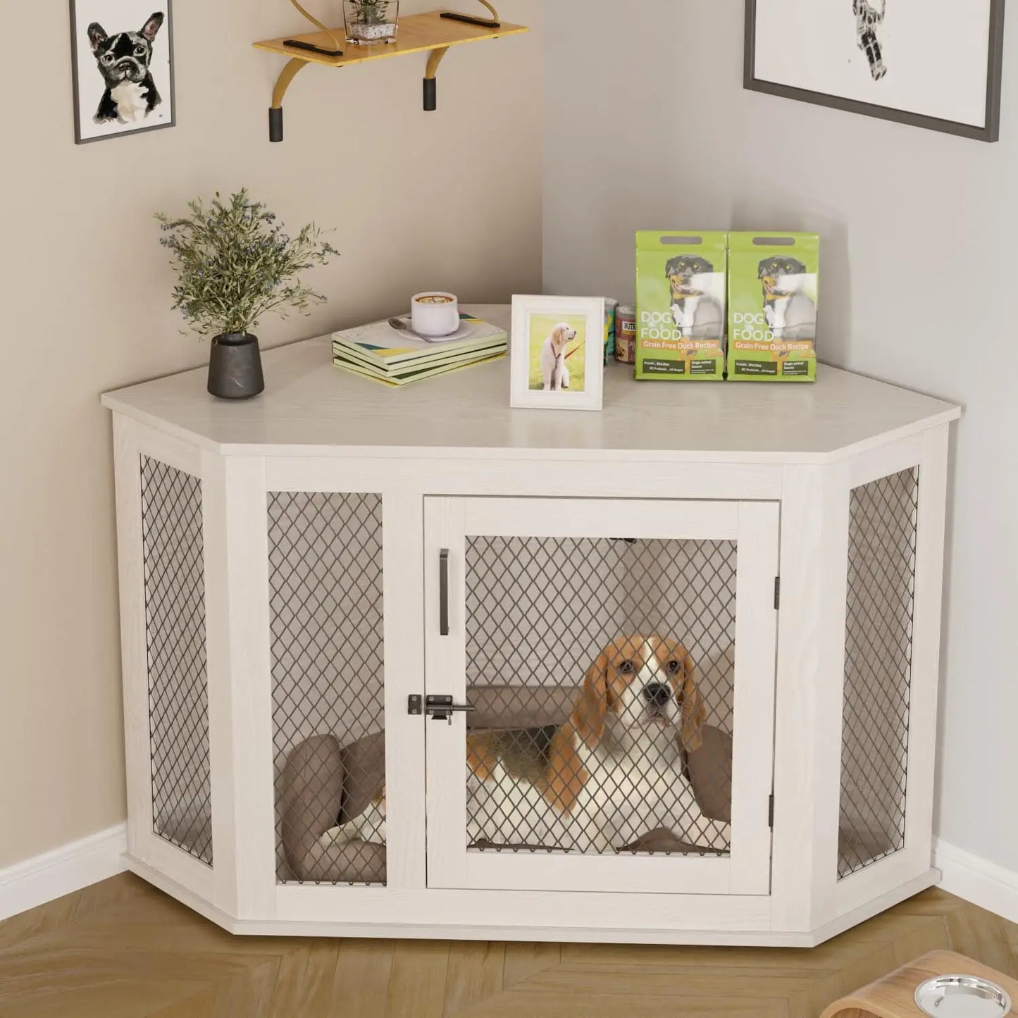 44inch Corner Dog Crate Furniture,Wooden Dog Kennel Furniture with Mesh,Decorative Wood Dog House for Indoor use