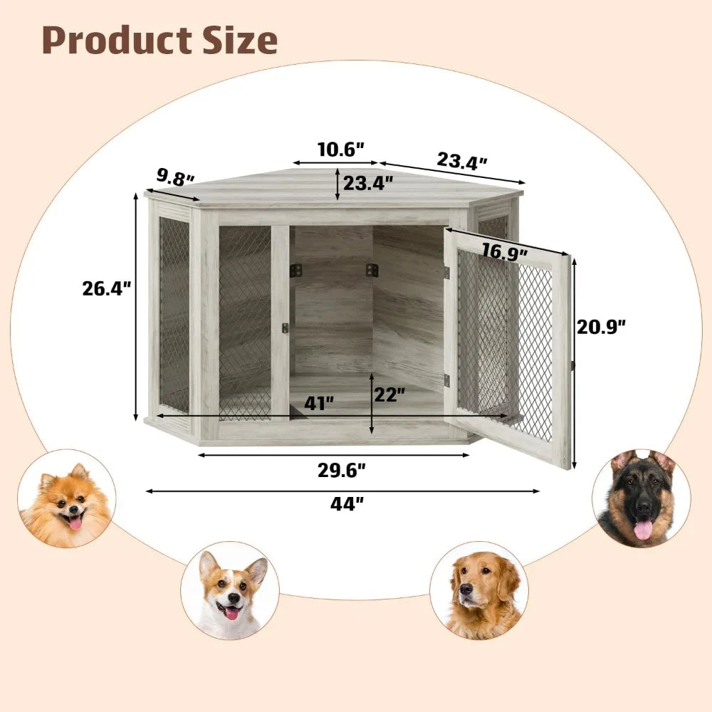 44inch Corner Dog Crate Furniture,Wooden Dog Kennel Furniture with Mesh,Decorative Wood Dog House for Indoor use