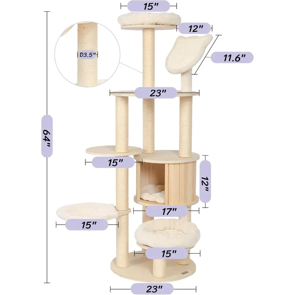 64" Tall Cat Tree - Wooden Cat Trees Tower with Cats Condo, Hammock & Top Perch, Modern Tall Cats Tree w/Natural Sisal Po