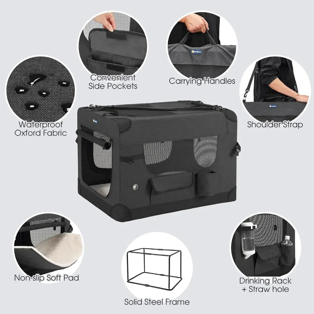 36 inch Folding Soft Dog Crate, 4-Door Portable Collapsible Pet Kennel Travel Dog Crate for Large Dogs, 5 x Durable Mesh Screen