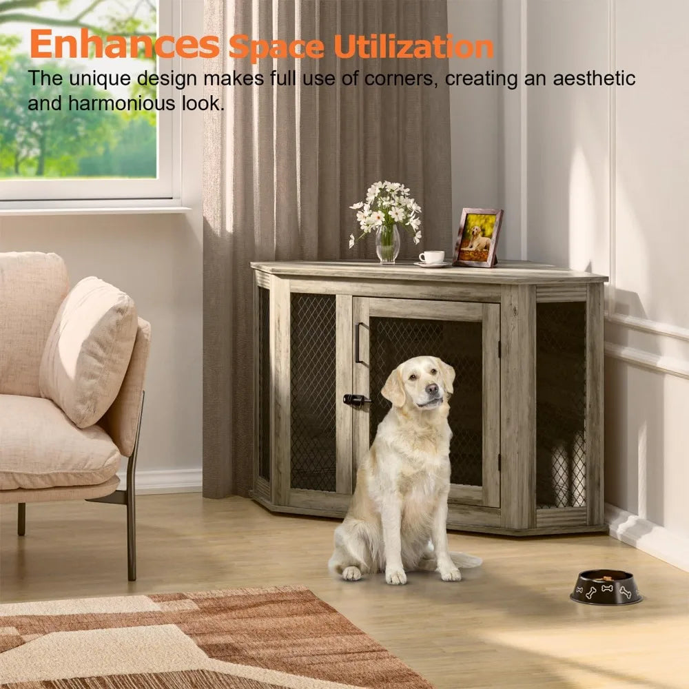 Coner Dog Crate Furniture, 52" Wooden Dog Kennel Furniture End Table with Mesh, Dog Kennel Indoor Furniture for Small Medium
