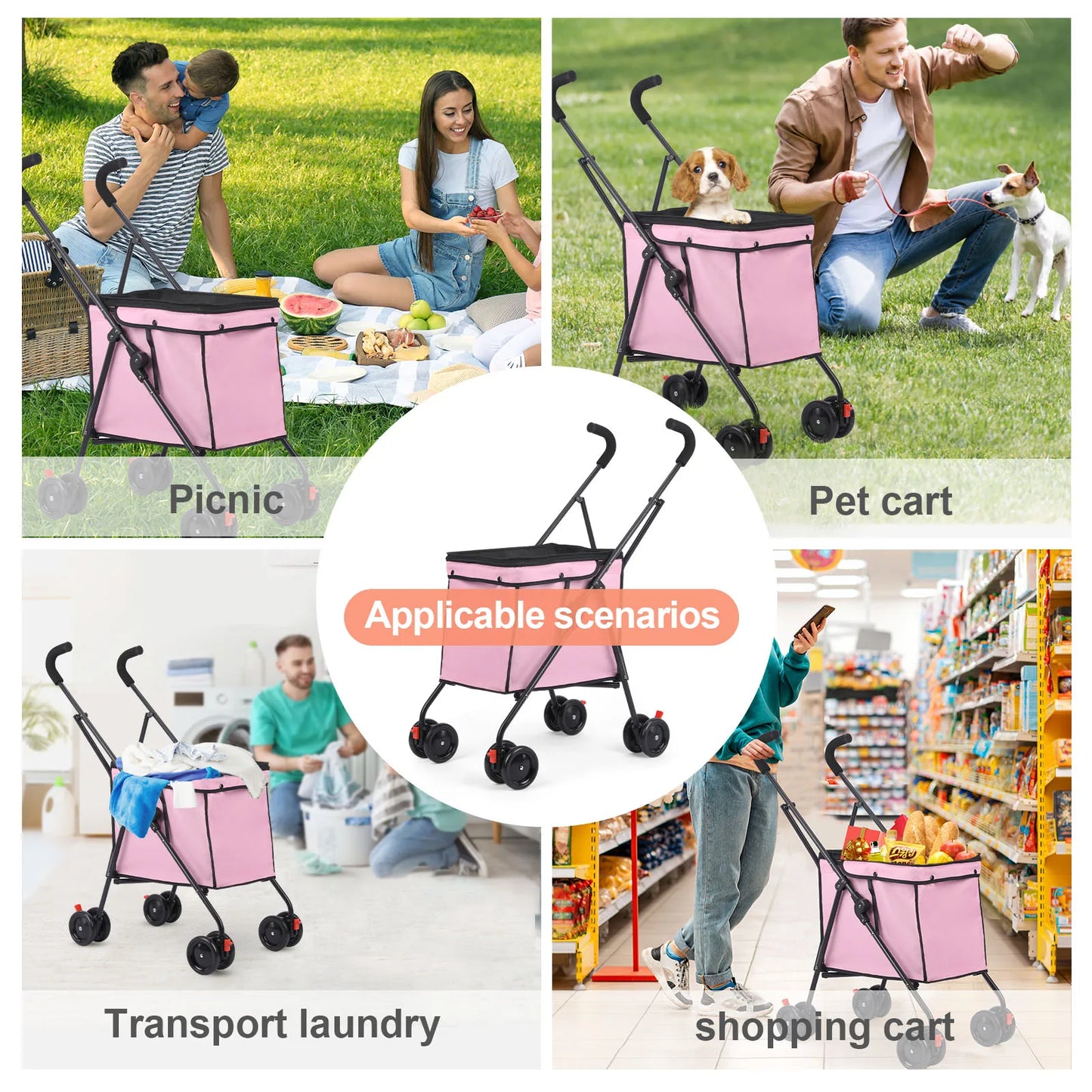 33lbs 4 Wheels Dog Stroller Rotate Pink Pet Puppy Stroller Holder for Dogs Cat Travel Hand Cart Folding Shopping Trolley