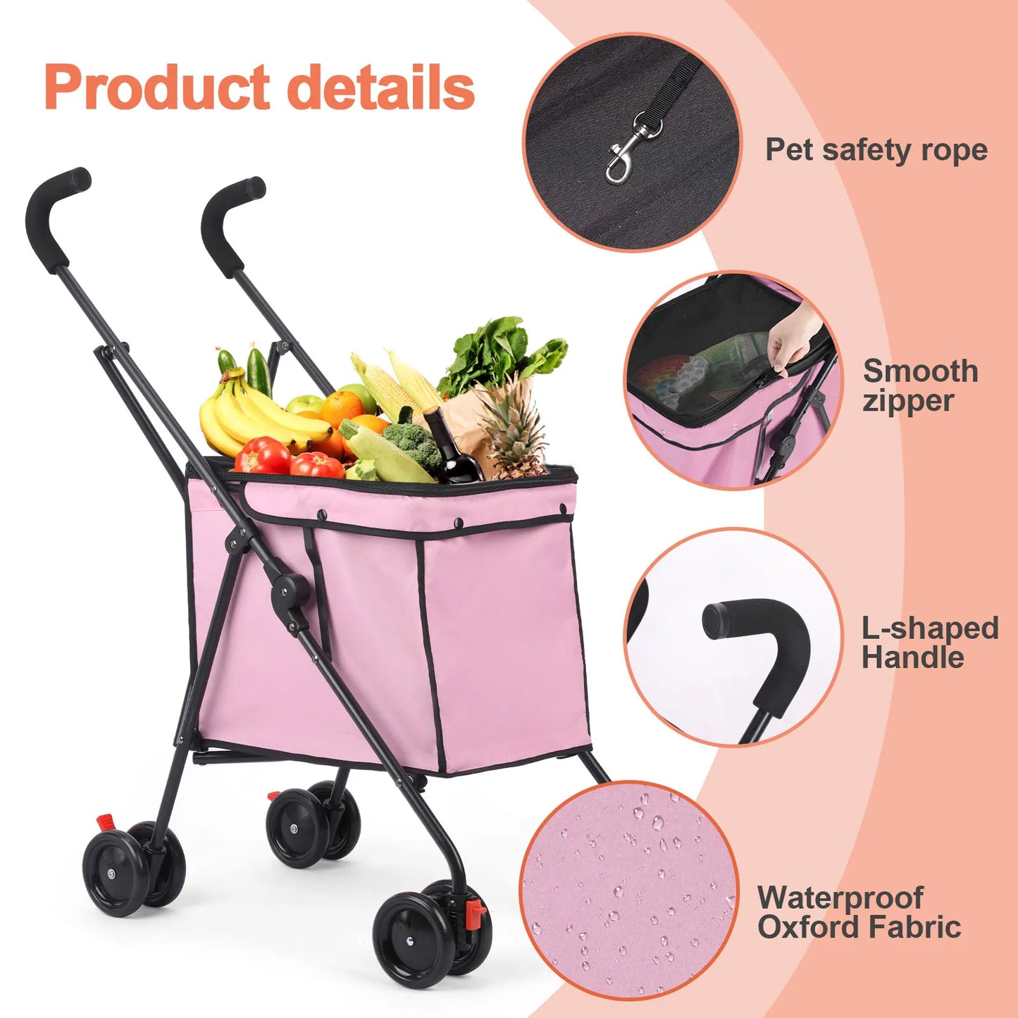 33lbs 4 Wheels Dog Stroller Rotate Pink Pet Puppy Stroller Holder for Dogs Cat Travel Hand Cart Folding Shopping Trolley