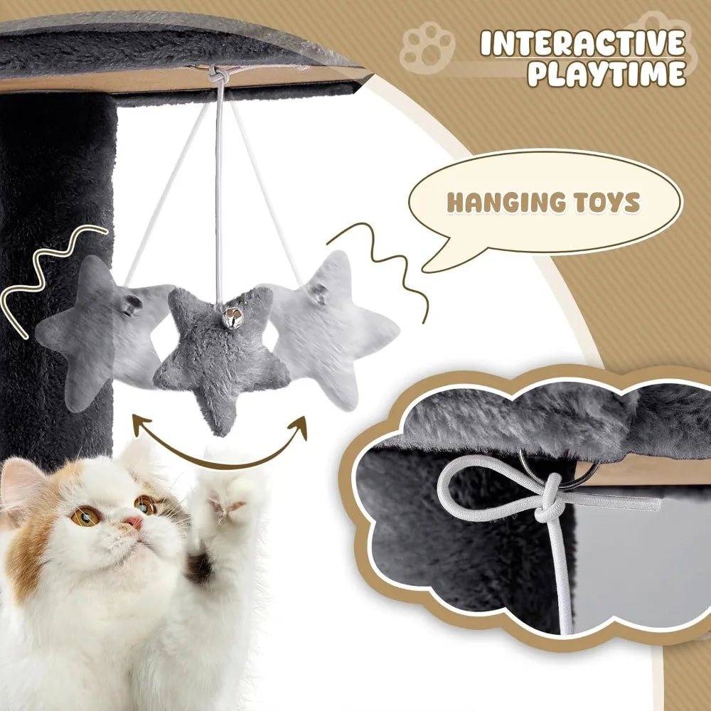 Cat Tree Tower with Toy, Multi-Level Cat Condo with Scratching Posts, 2 Top Perches, Hammock, and Dangling Ball