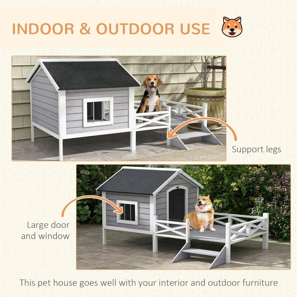 Outdoor Dog House with Porch, Wooden Dog Kennel with Water-Resistant Asphalt Roof, Ladders, Fencing,Window,for and Medium Dog