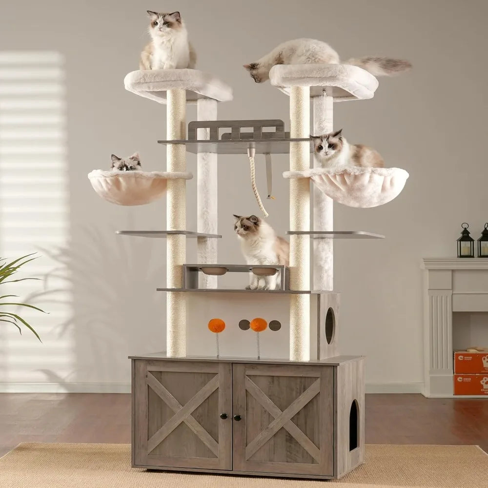 Cat Tree for Maine Coon with Litter Box Enclosure, 72-inch Wooden Cat Tower for Indoor Cats Large Adult, Big Condo