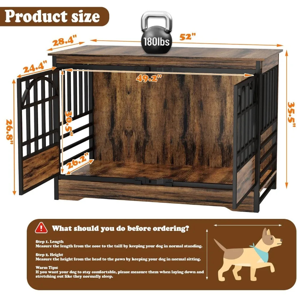 52 Inch Dog Crate Furniture, Extra Large Dog Kennel Indoor for XLarge Breed, Heavy Duty Dog Cage with Double Elegant Arched Doo