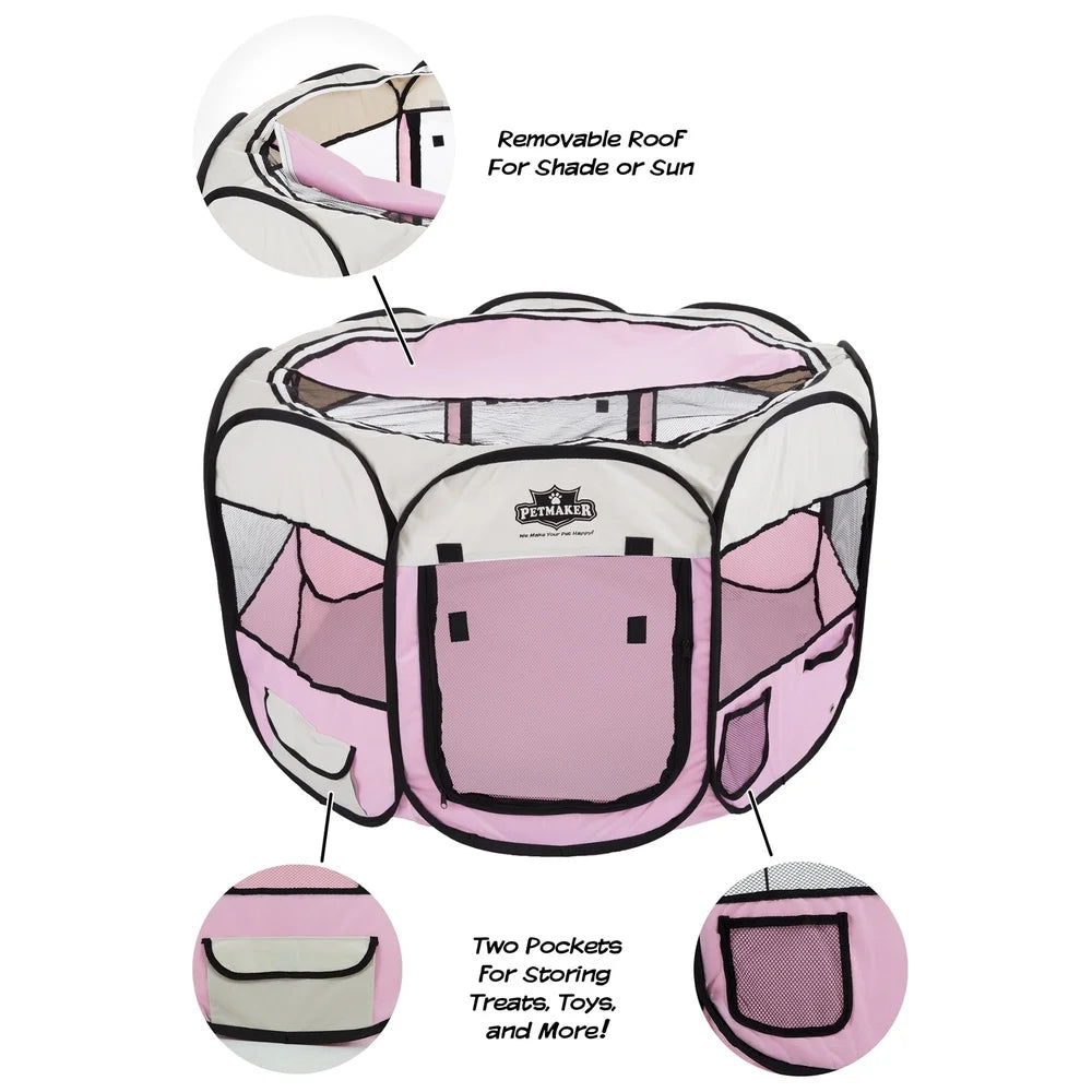 Pop-Up Pet Playpen Indoor Outdoor Dog Cat Kennel with Carry Bag Mesh Windows Storage Pockets Easy Access Doors 25lbs