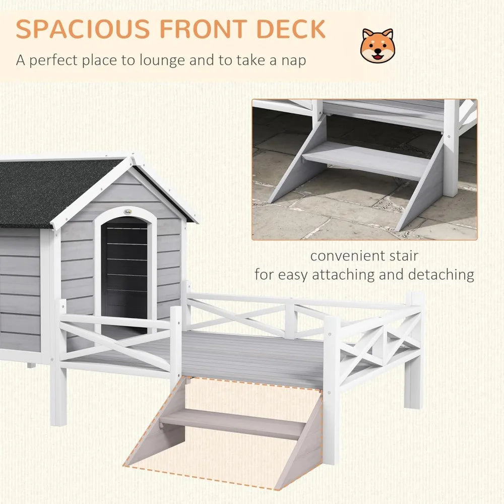 Outdoor Dog House with Porch, Wooden Dog Kennel with Water-Resistant Asphalt Roof, Ladders, Fencing,Window,for and Medium Dog