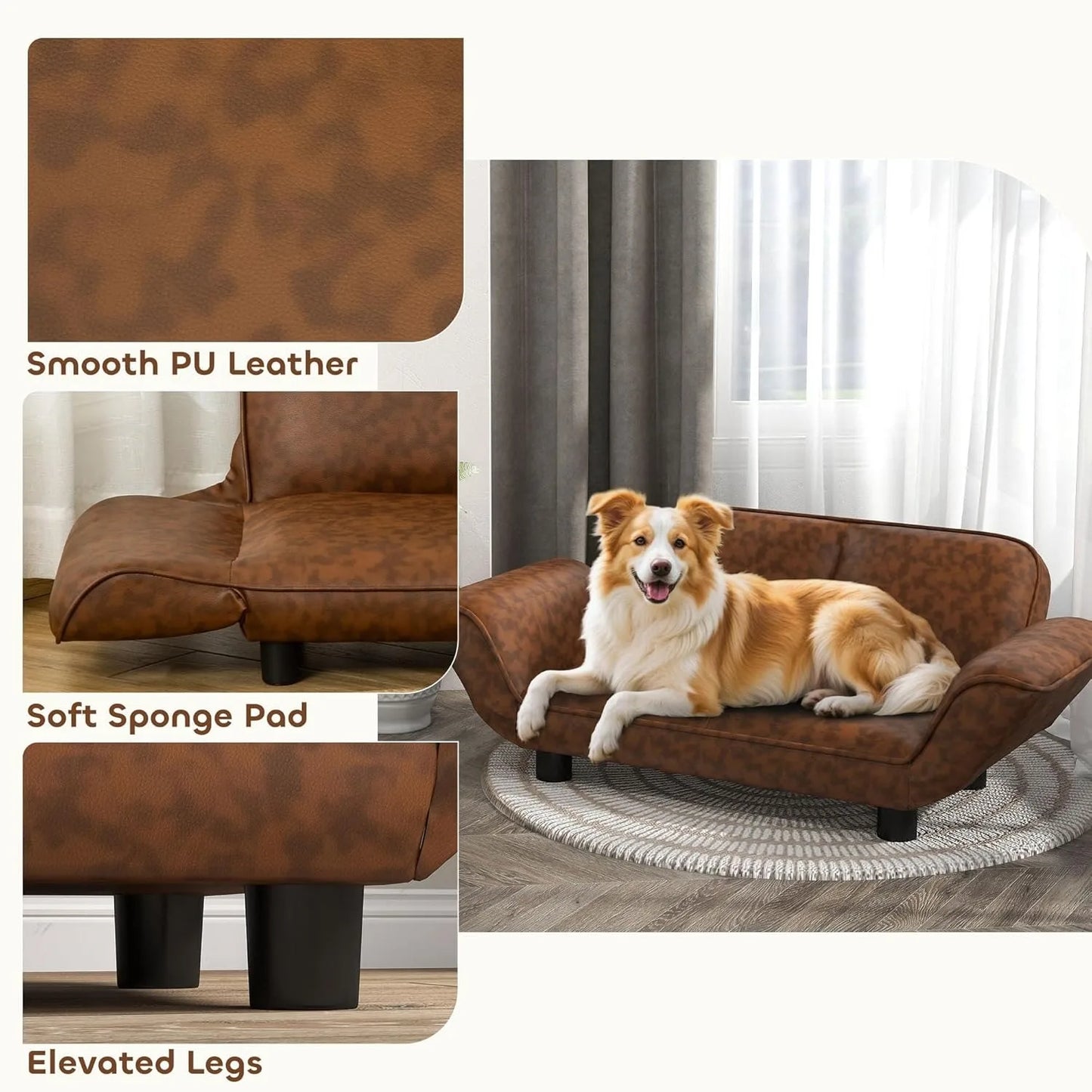 Pet Sofa Dog Bed Couch, Foldable Cat Lounger PU Lear Cover for Medium & Large Sized Animals, 39" x 21.75" x 17.75", Ex