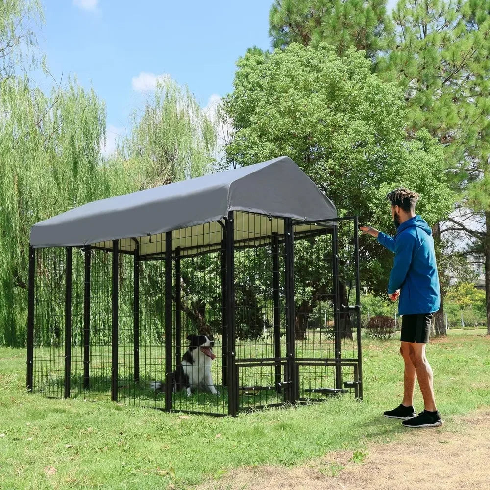 Dog Kennel Outdoor with Roof and Rotating Bowl Holders, Large Metal Dog Enclosure, Heavy Duty Dog House Built