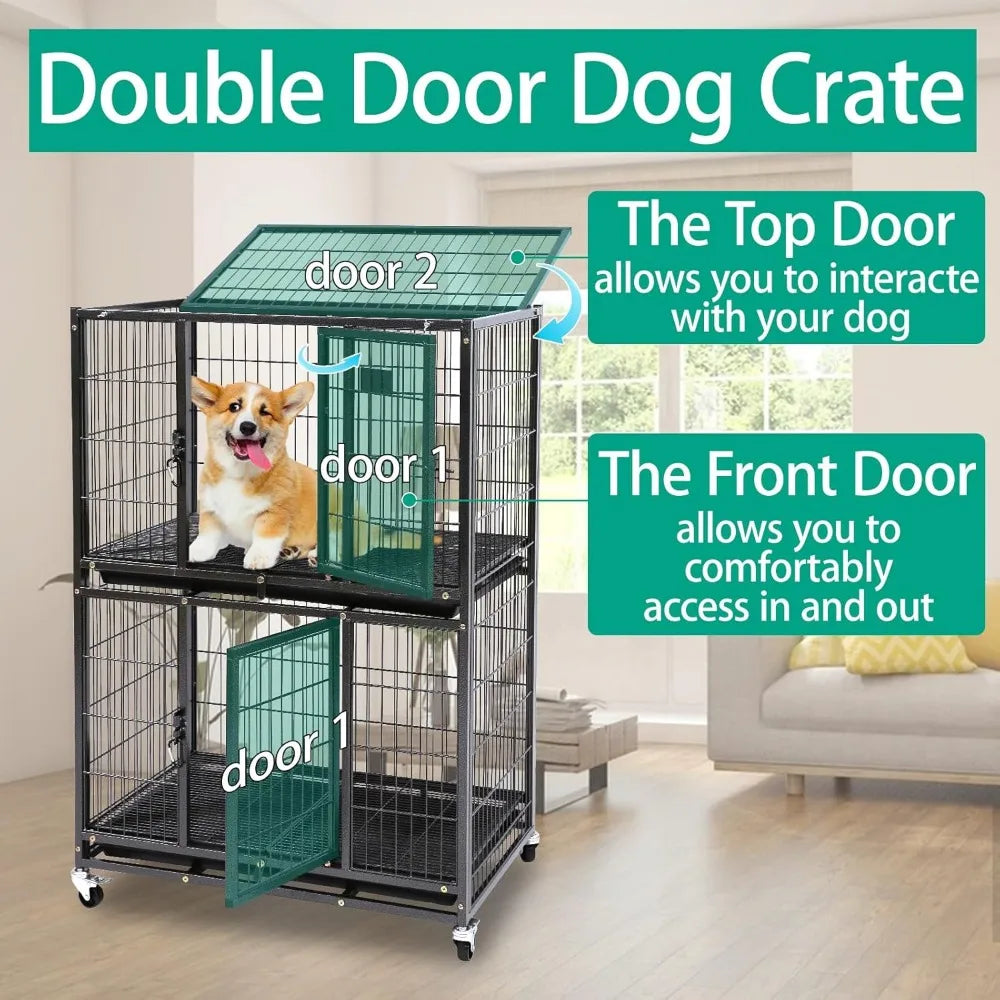 two-tier 30 inch small dog crate, heavy duty drop dog cage for small dogs kennels indoor with auto-locks, removable trays, metal