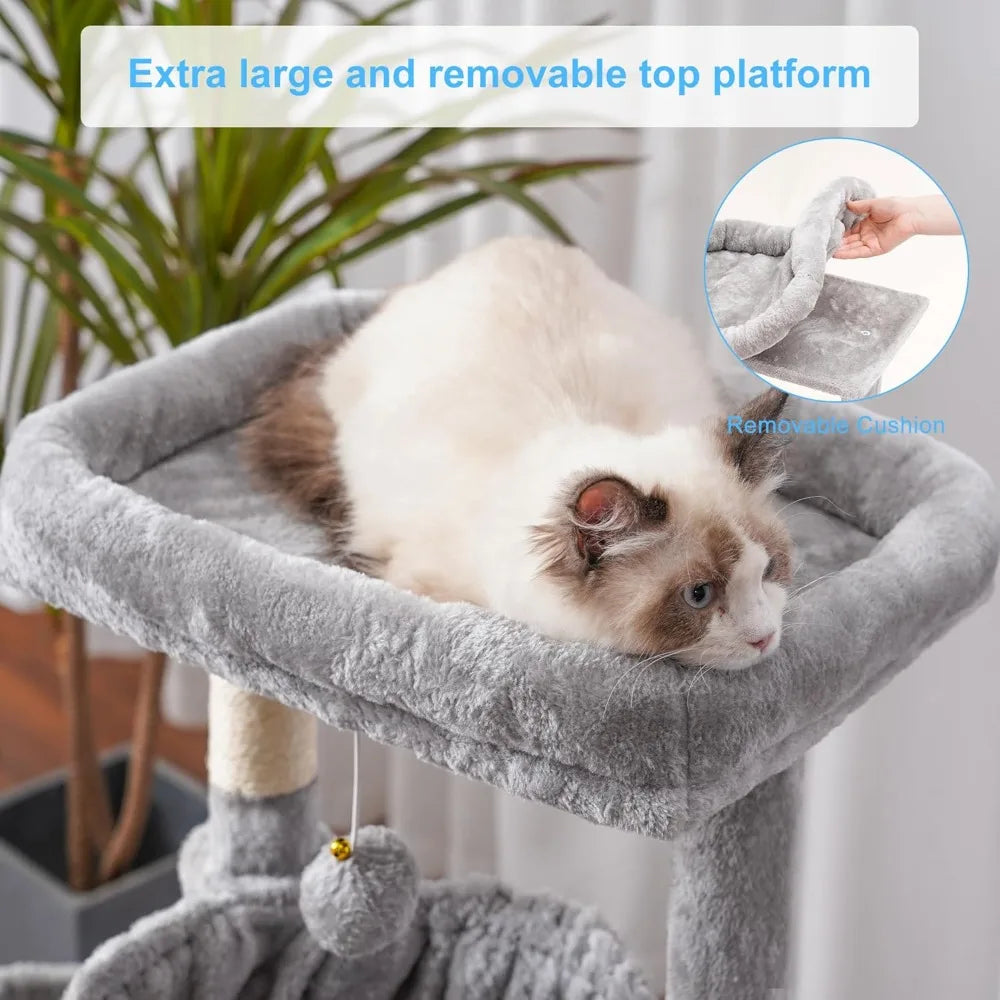 Cat Tower for Indoor Cats, Cat House with Large Padded Bed, Cozy Condo, Hammocks