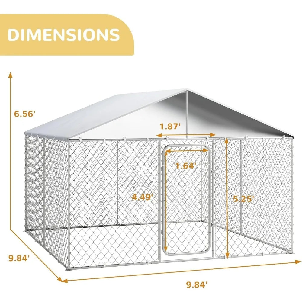 10×10FT Outdoor Dog Kennel, Extra Large Dog Run Fence House Big Cage Pen Enclosure, Heavy Duty Chain Link Dog Kennel with Lock