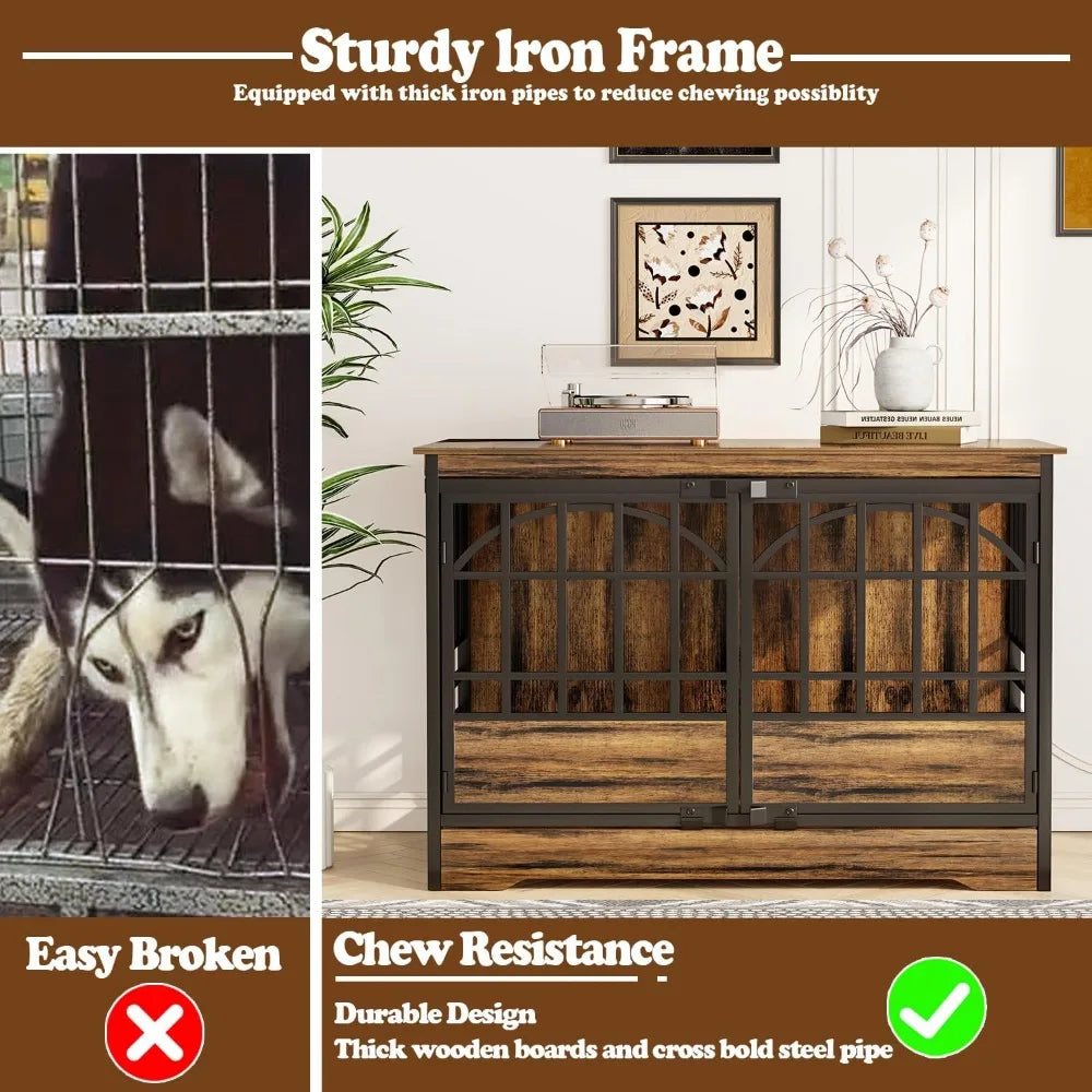 52 Inch Dog Crate Furniture, Extra Large Dog Kennel Indoor for XLarge Breed, Heavy Duty Dog Cage with Double Elegant Arched Doo