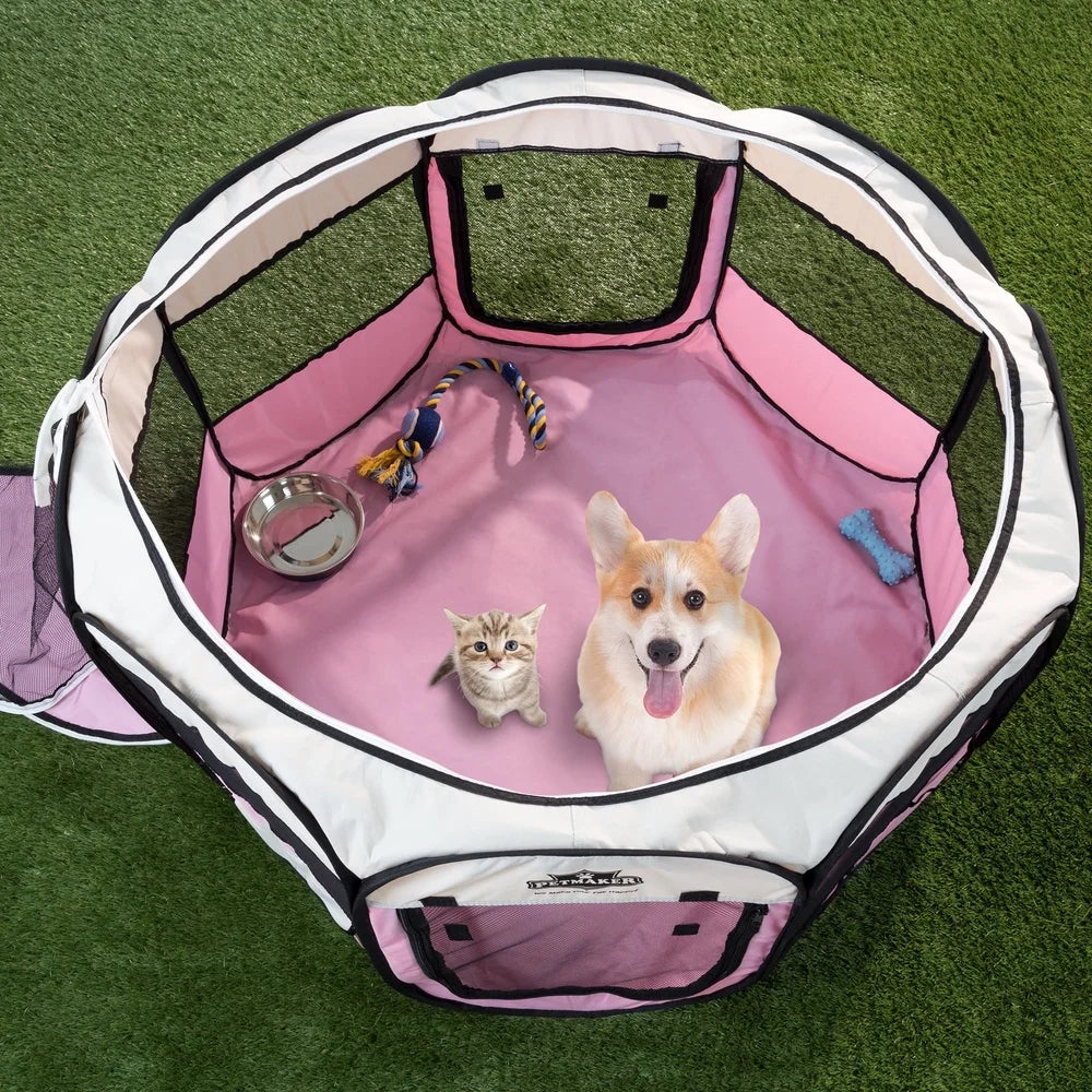 Pop-Up Pet Playpen Indoor Outdoor Dog Cat Kennel with Carry Bag Mesh Windows Storage Pockets Easy Access Doors 25lbs