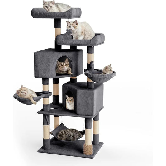 Cat Tree Tower with Toy, Multi-Level Cat Condo with Scratching Posts, 2 Top Perches, Hammock, and Dangling Ball