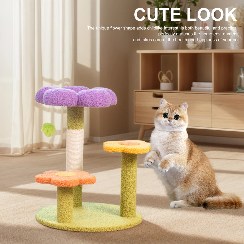 Flower Cat Tree Tower Cute Cat Tree Sisal Wrapped Small Cat Tower Multi-Function Interactive Cat Tower 3 Layer for Kittens