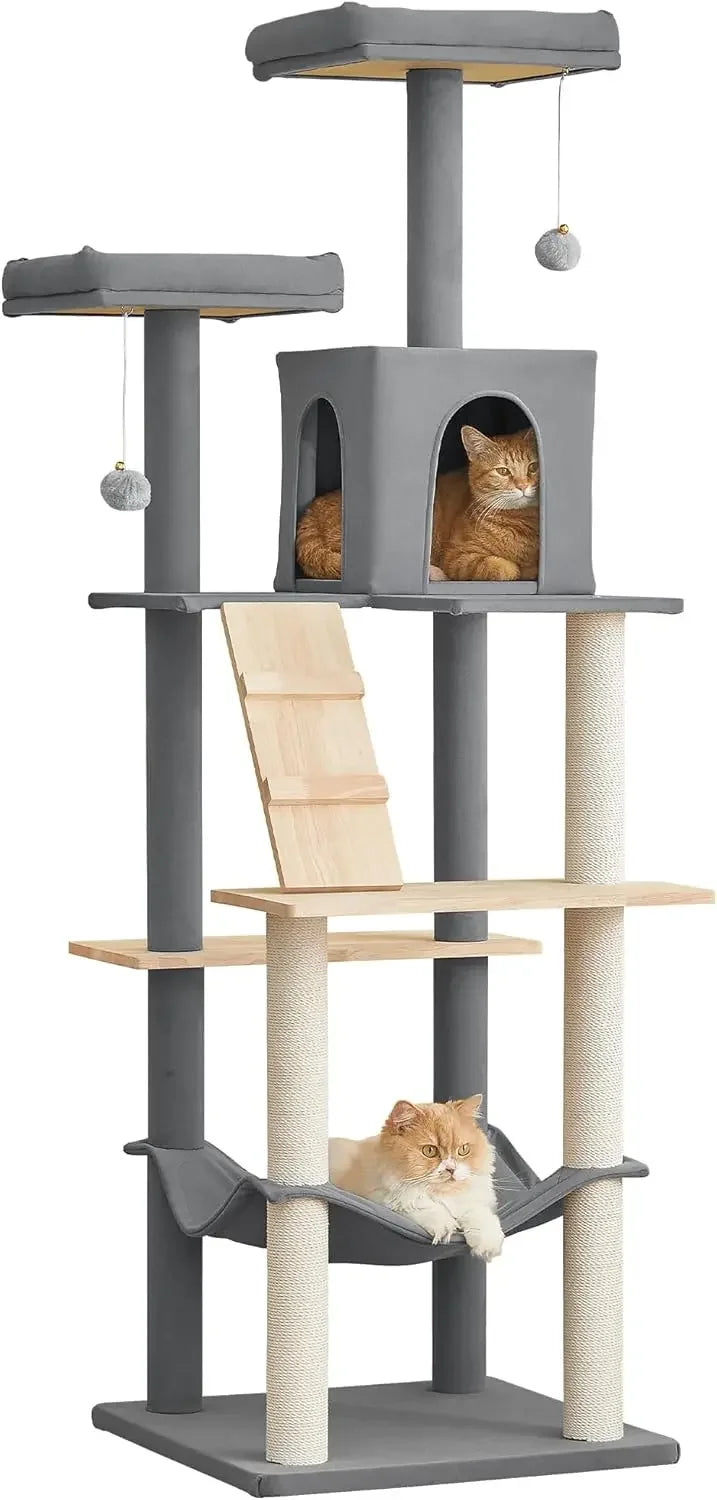 Large Modern Cat Tree, 70.1-Inch Wood Cat Tower for Indoor Cats, Multi-Level Kitty Condo with 2 Plush Perches, Hammock & Scratch