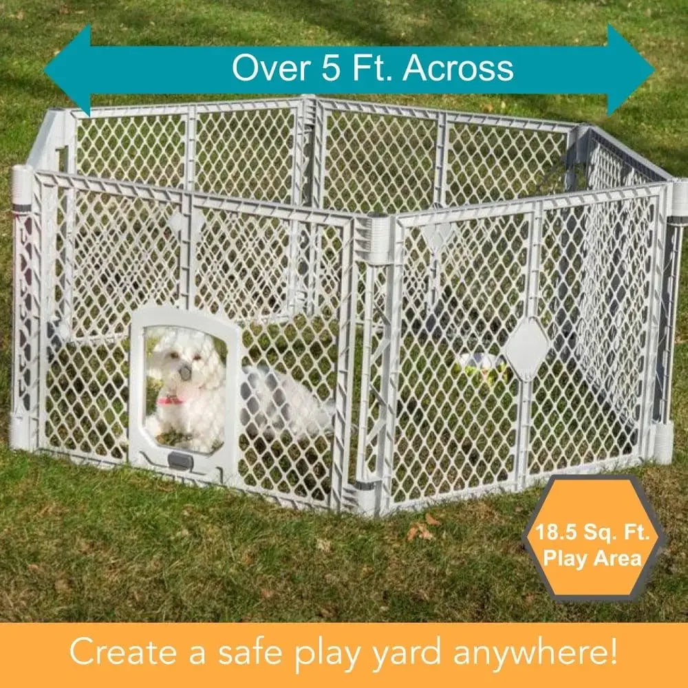 6-Panel Gray Dog Cat Petyard Passage Yard Portable Freestanding Containment Area Swinging Door Weather-Resistant & Easy Travel
