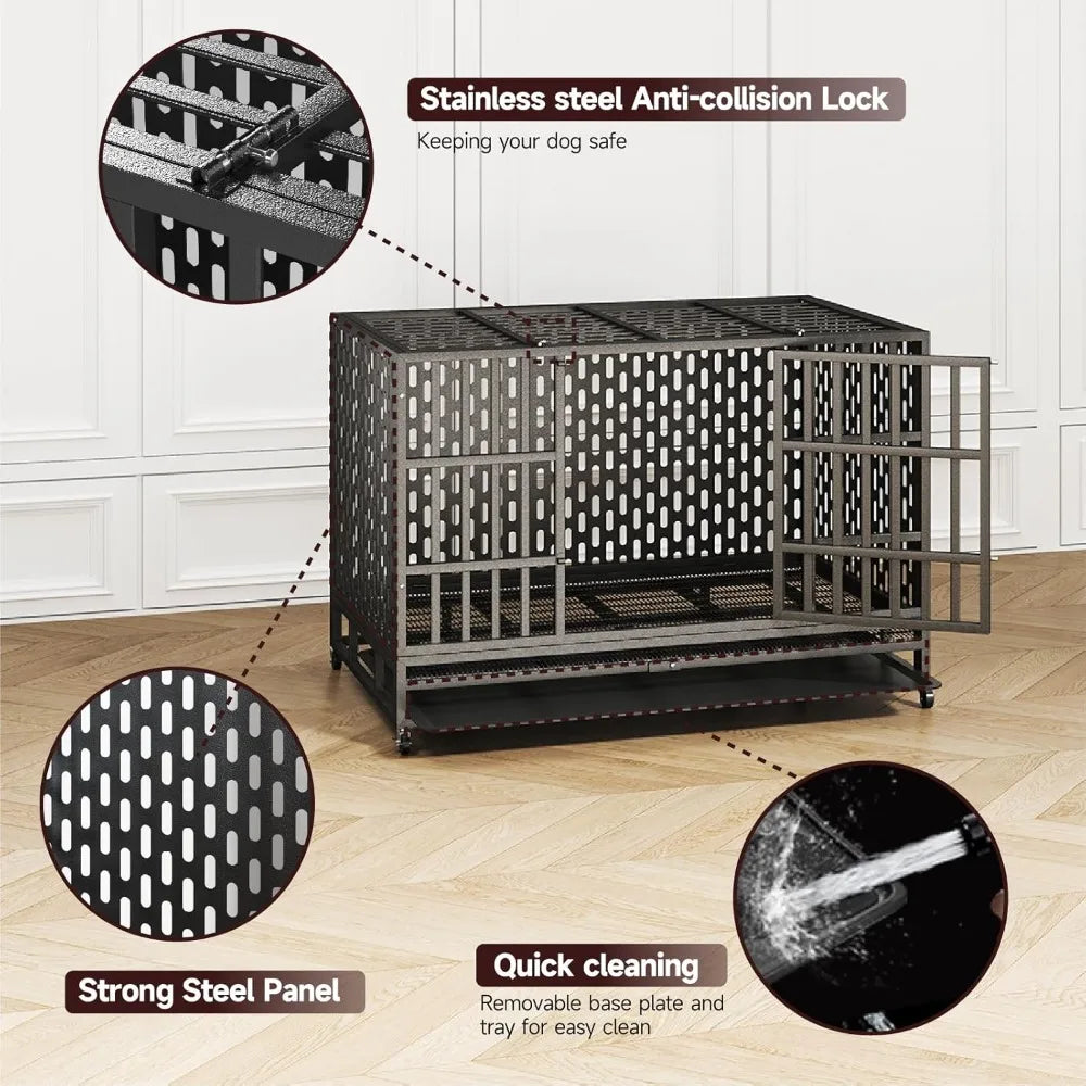 48/42 Inch Heavy Duty Indestructible Dog Crate Steel Escape Proof, Indoor Double Door High Anxiety Cage, Kennel with Wheels, Rem