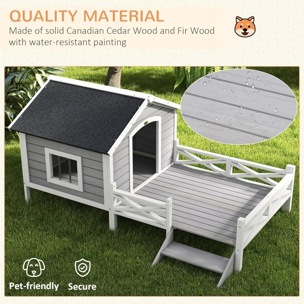Outdoor Dog House with Porch, Wooden Dog Kennel with Water-Resistant Asphalt Roof, Ladders, Fencing,Window,for and Medium Dog