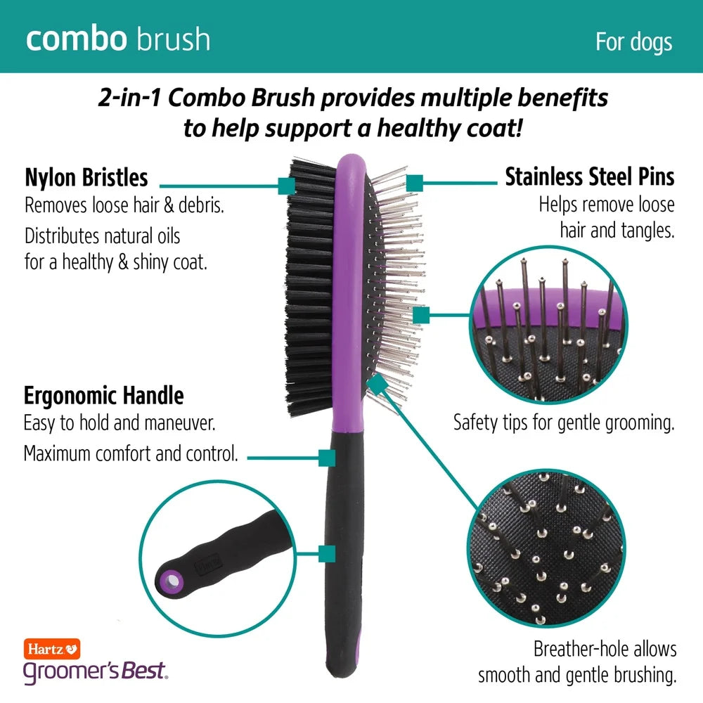 Dog Grooming Combo Brush Double-Sided Detangling Tool Stainless Steel Pins Nylon Bristles Ergonomic Design Pet Hair Remover