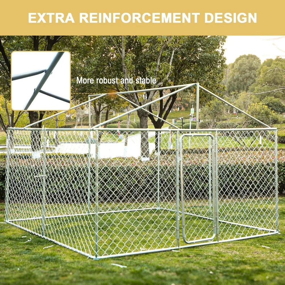 10×10FT Outdoor Dog Kennel, Extra Large Dog Run Fence House Big Cage Pen Enclosure, Heavy Duty Chain Link Dog Kennel with Lock