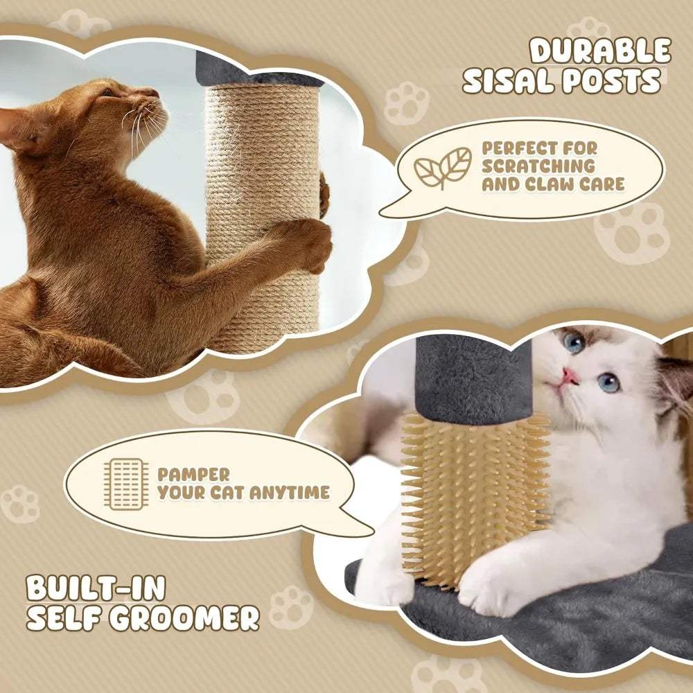 Cat Tree Tower with Toy, Multi-Level Cat Condo with Scratching Posts, 2 Top Perches, Hammock, and Dangling Ball