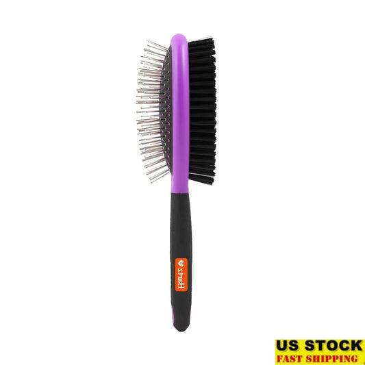 Dog Grooming Combo Brush Double-Sided Detangling Tool Stainless Steel Pins Nylon Bristles Ergonomic Design Pet Hair Remover