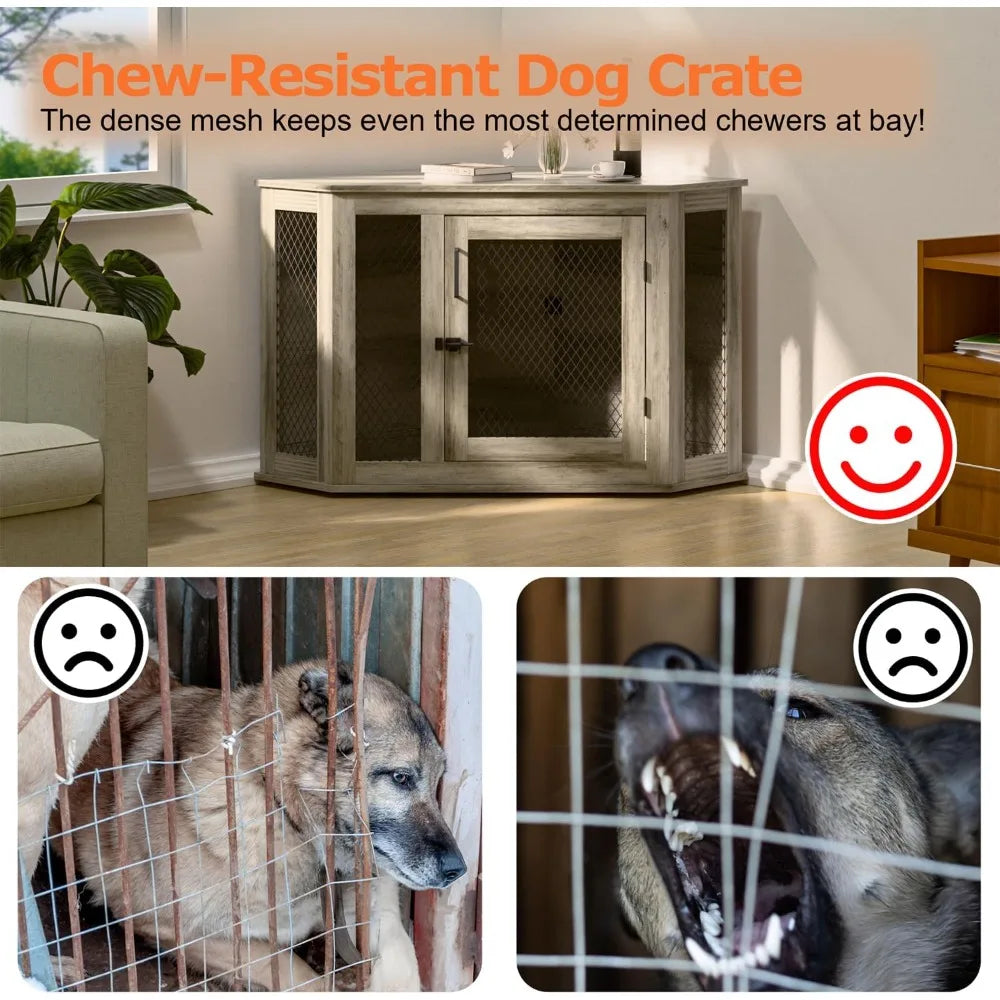 Coner Dog Crate Furniture, 52" Wooden Dog Kennel Furniture End Table with Mesh, Dog Kennel Indoor Furniture for Small Medium