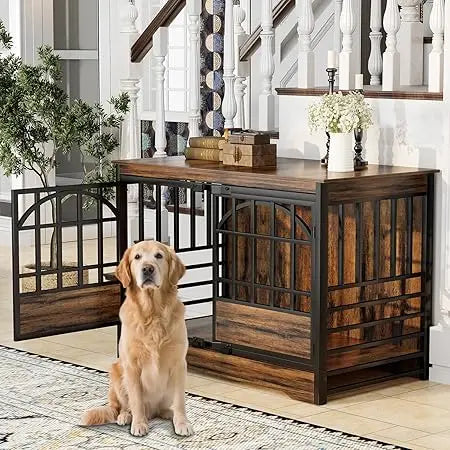 52 Inch Dog Crate Furniture, Extra Large Dog Kennel Indoor for XLarge Breed, Heavy Duty Dog Cage with Double Elegant Arched Doo