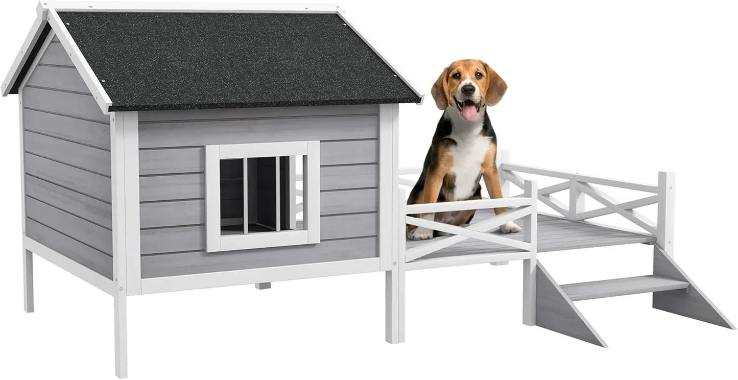 Outdoor Dog House with Porch, Wooden Dog Kennel with Water-Resistant Asphalt Roof, Ladders, Fencing,Window,for and Medium Dog