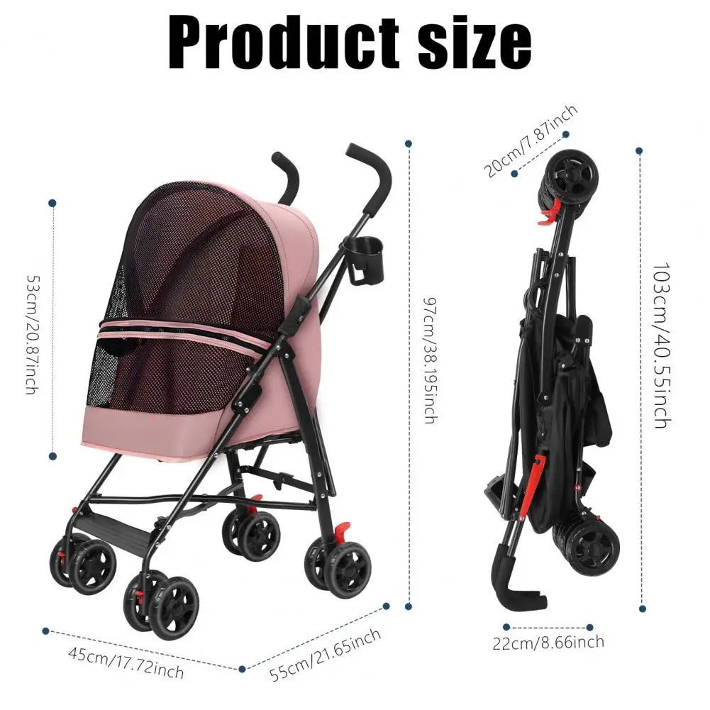 4 Wheels Pet Stroller, Pet Stroller for Medium Small Dogs, Foldable Puppy Cage Jogger Stroller with Sun Cover, Pad and Rear Stor