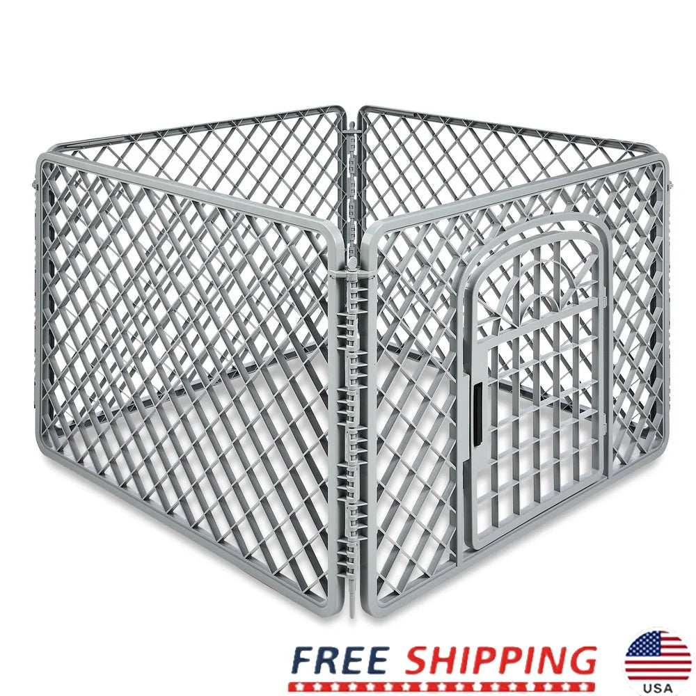 4 Panel Dog Playpen with Door Indoor Outdoor Plastic Pet Fence Lightweight Portable Exercise Pen Puppies and Small Dogs