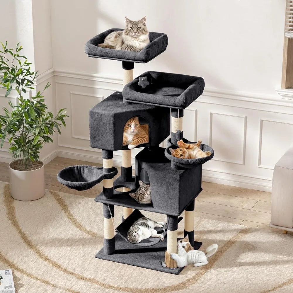 Cat Tree Tower with Toy, Multi-Level Cat Condo with Scratching Posts, 2 Top Perches, Hammock, and Dangling Ball