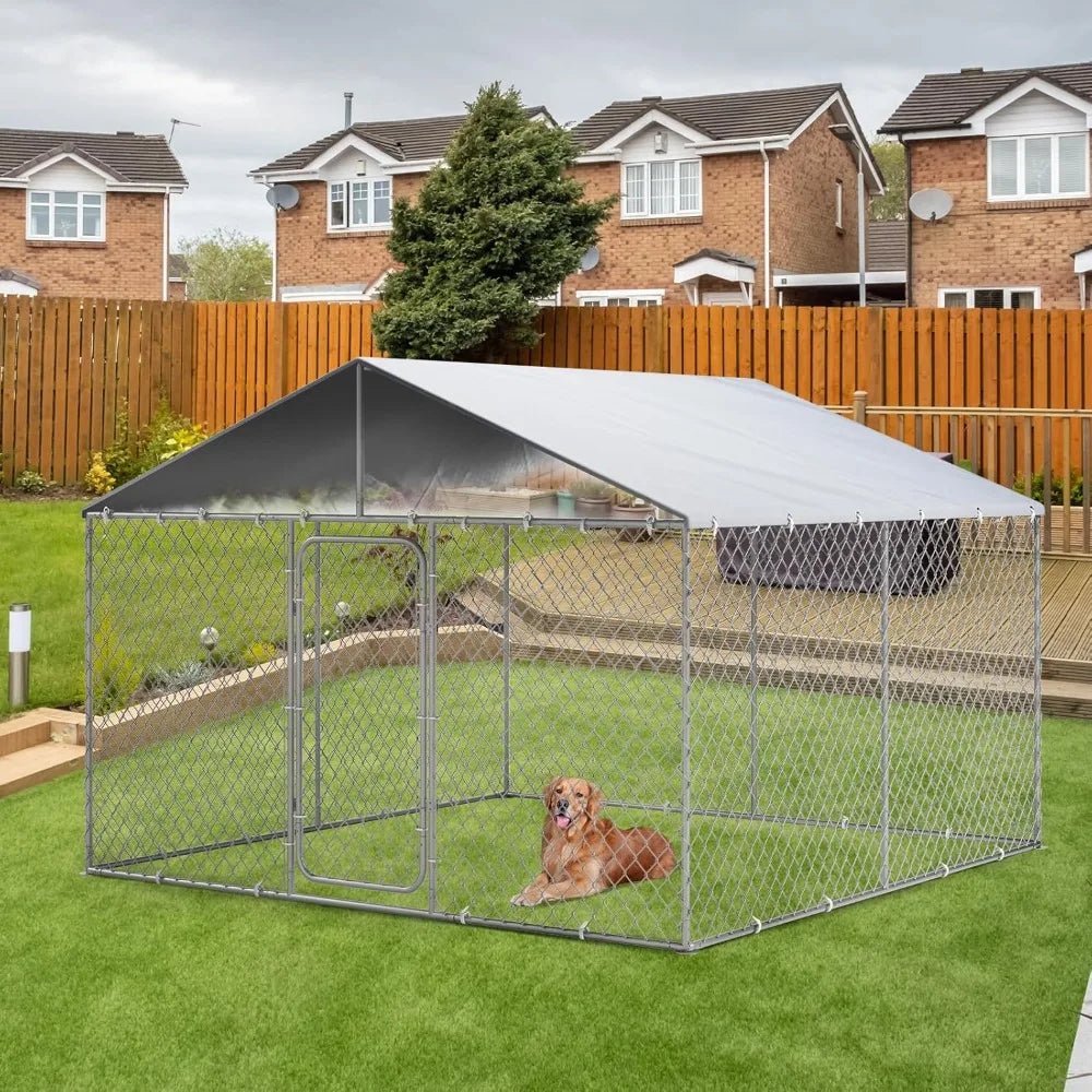 10×10FT Outdoor Dog Kennel, Extra Large Dog Run Fence House Big Cage Pen Enclosure, Heavy Duty Chain Link Dog Kennel with Lock