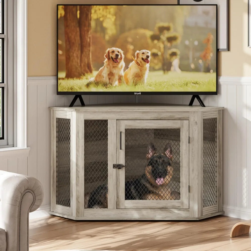 44inch Corner Dog Crate Furniture,Wooden Dog Kennel Furniture with Mesh,Decorative Wood Dog House for Indoor use