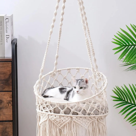 Mewoofun Macrame Cat Hammock Hanging Cat Bed Hammock Cat Swing Boho Cat Swing Bed for Sleeping Playing Climbing and Lounging