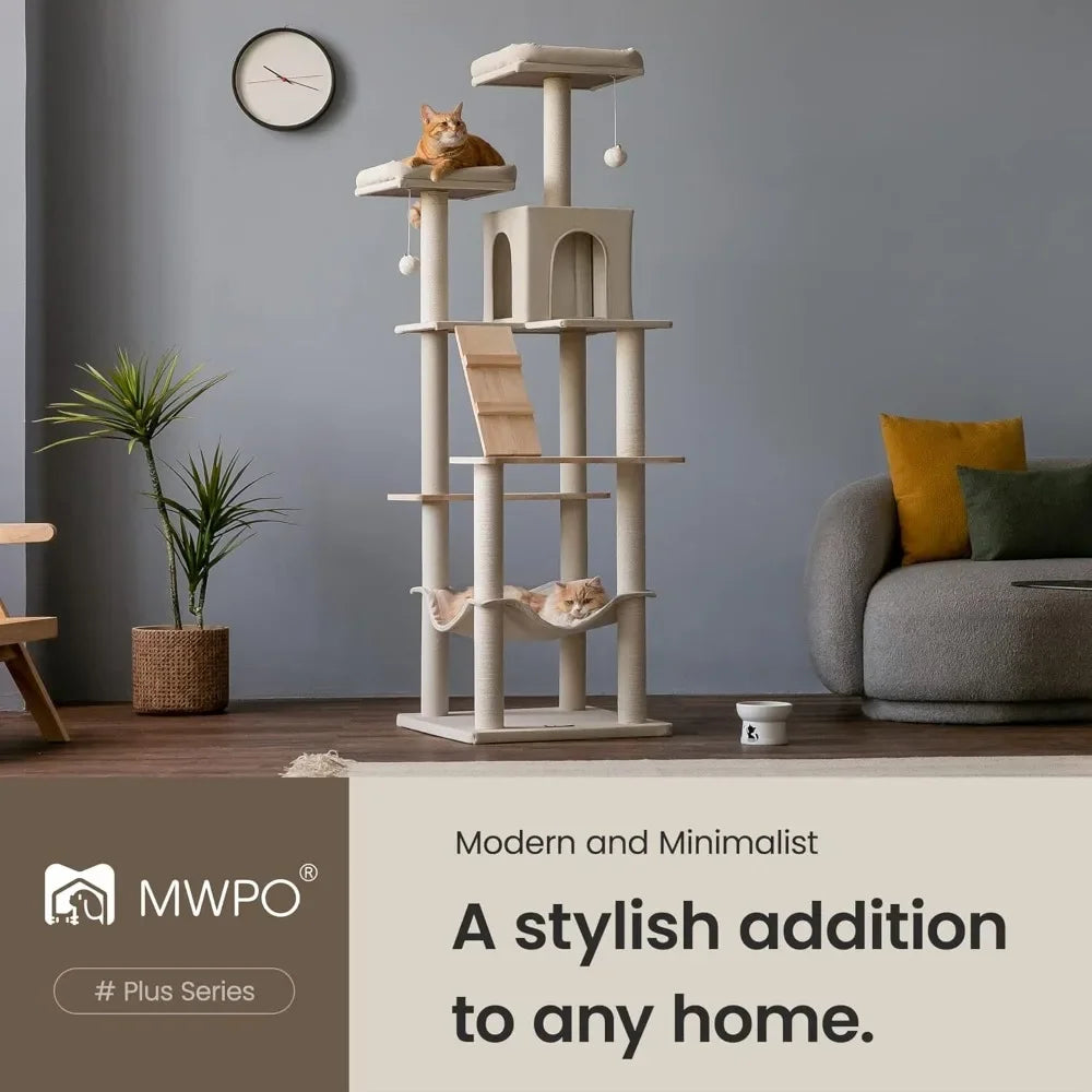 Large Modern Cat Tree, 70.1-Inch Wood Cat Tower for Indoor Cats, Multi-Level Kitty Condo with 2 Plush Perches, Hammock & Scratch