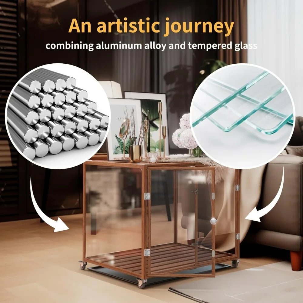 Clear Dog Crate Furniture: 35” Decorative Transparent Dog House Kennel Made by Tempered Glass and Strong Aluminum Frame