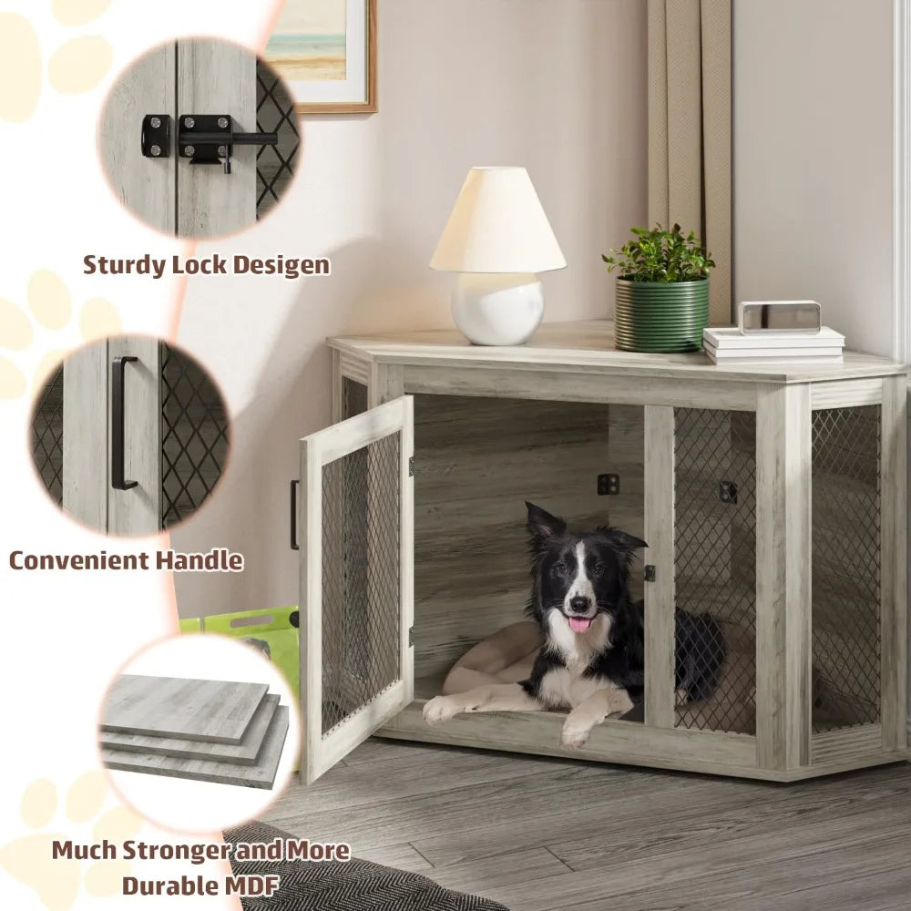 44inch Corner Dog Crate Furniture,Wooden Dog Kennel Furniture with Mesh,Decorative Wood Dog House for Indoor use