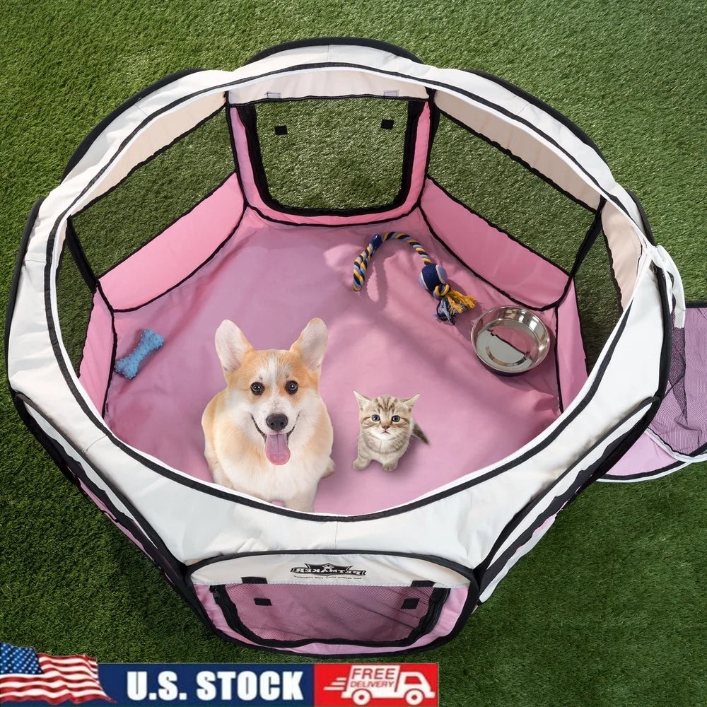 Pop-Up Pet Playpen Indoor Outdoor Dog Cat Kennel with Carry Bag Mesh Windows Storage Pockets Easy Access Doors 25lbs