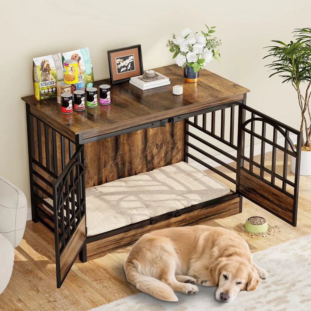 52 Inch Dog Crate Furniture, Extra Large Dog Kennel Indoor for XLarge Breed, Heavy Duty Dog Cage with Double Elegant Arched Doo